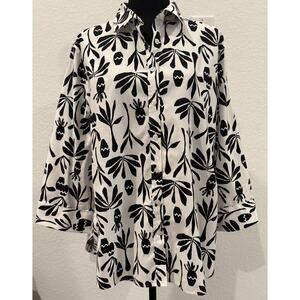 Chico’s Black and White Floral Button Up Woven Blouse 3/4 Cuff Sleeve Sz 3 (XL)